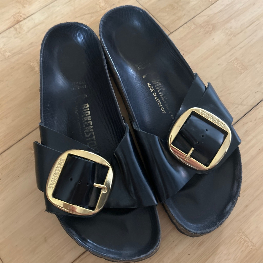 Birkenstock Black Sandals with Gold Buckles